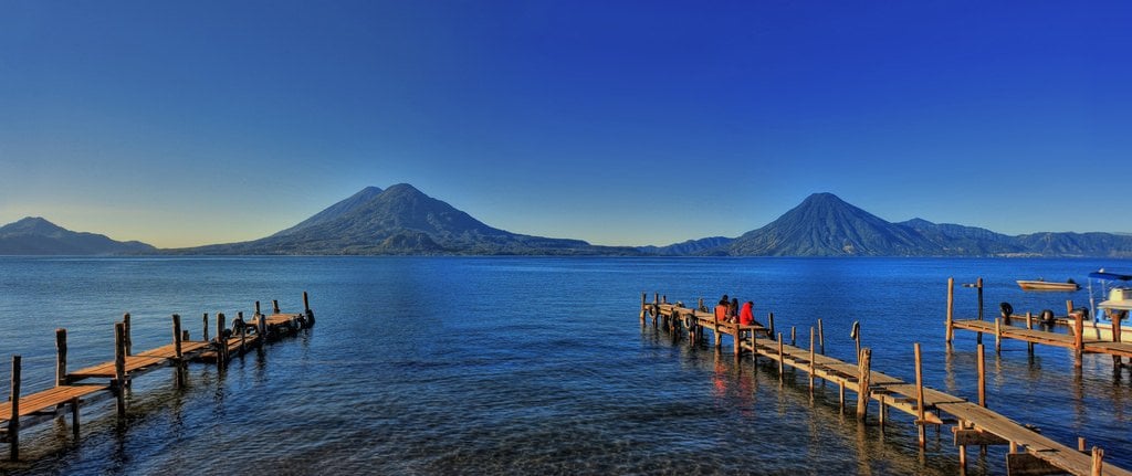 view from San Pedro la Laguna docks in Lake Atitlan Guatemala
