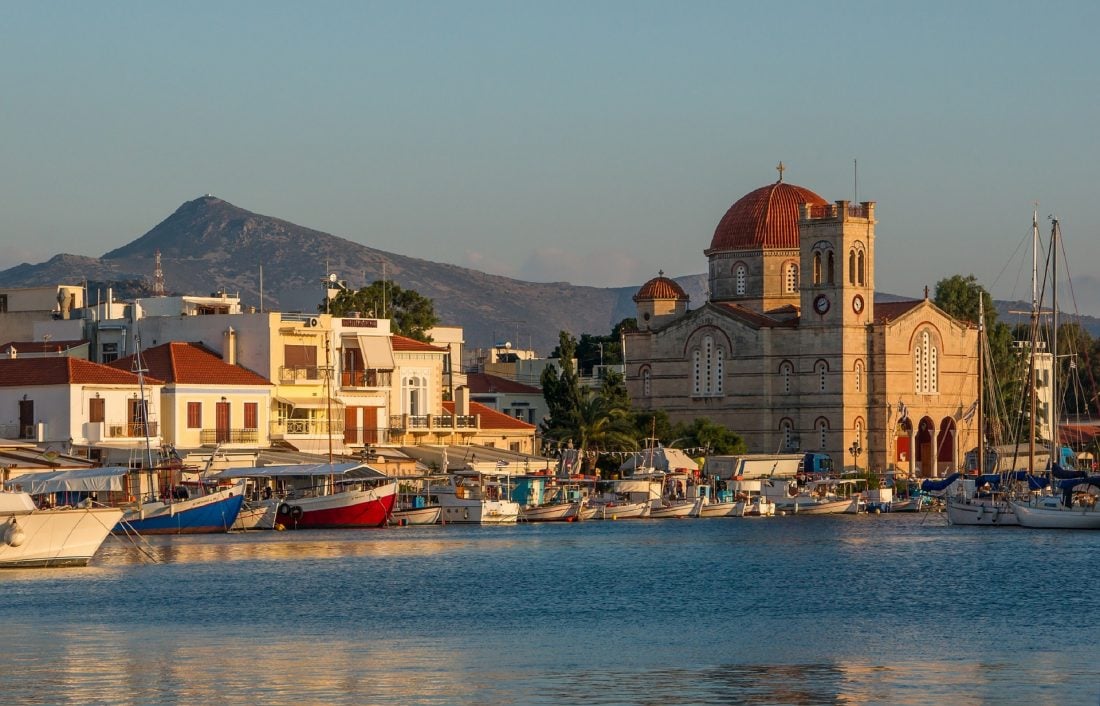 view of the port in Aegina Greece