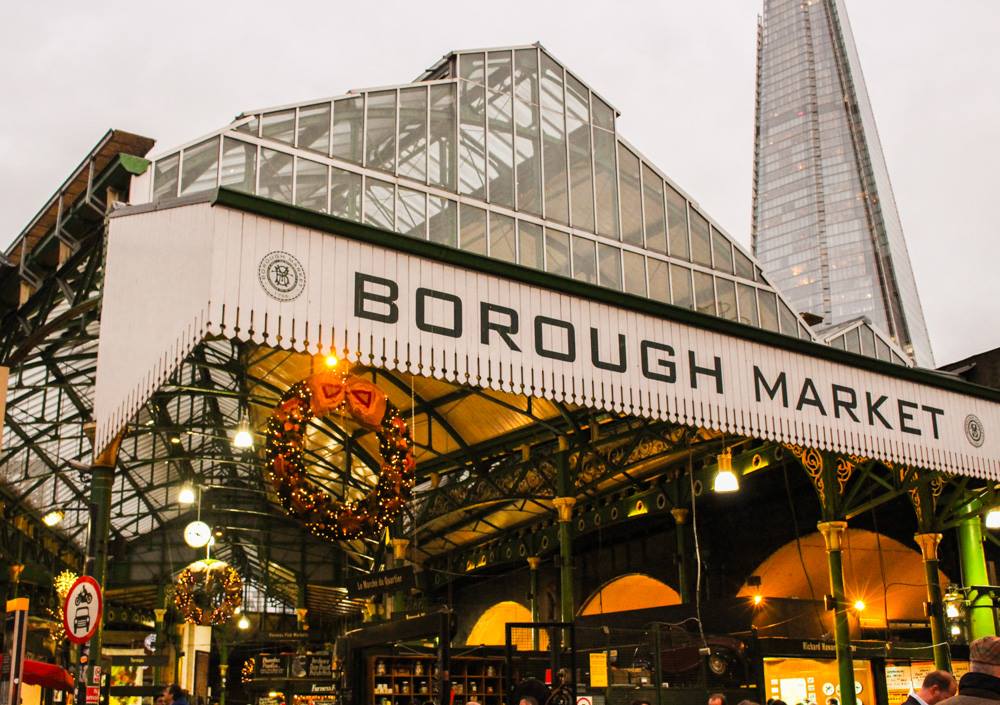 borough market food markets sign in london with the shard in the background
