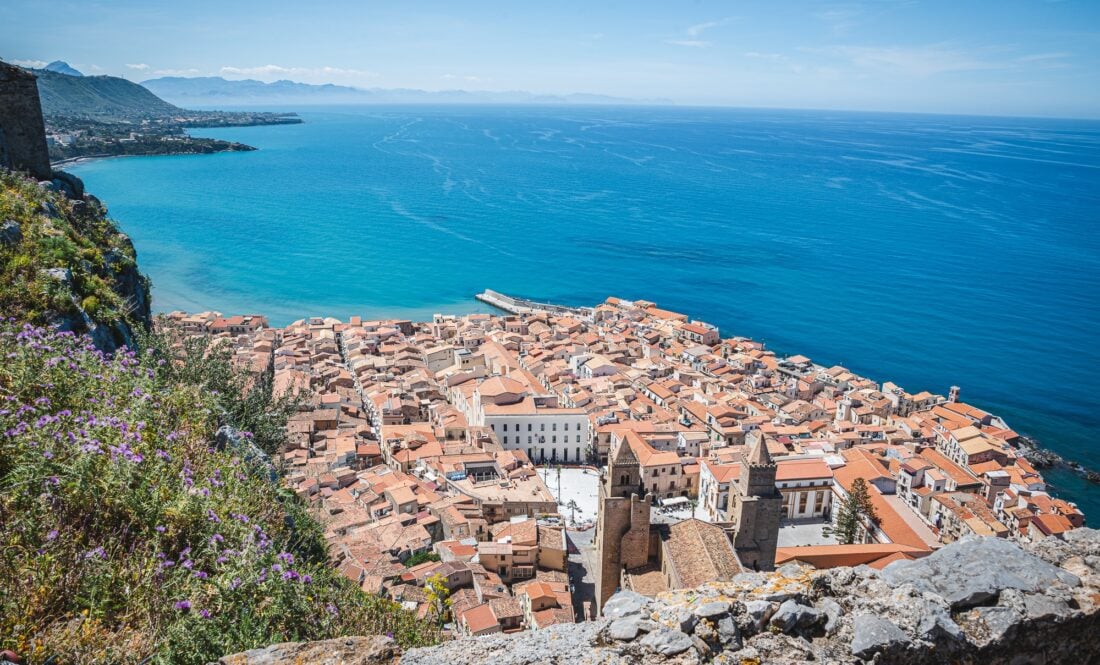 Via of Cefalu Sicily's Old Town and coasr from above.
