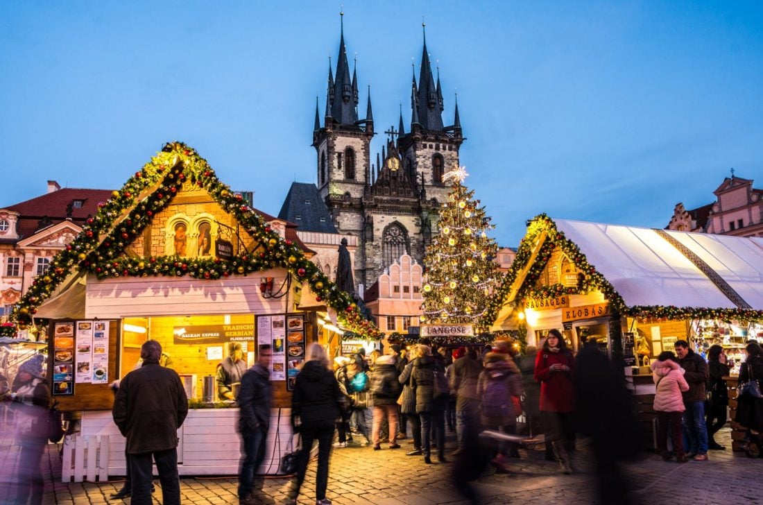 Prague Old Town Square Christmas Market during the twilight hours