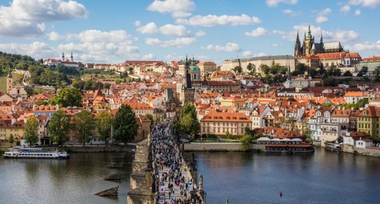 Views of Malat Strana, the Charles Bridge, and Prague Castle from the top of the bridge tower