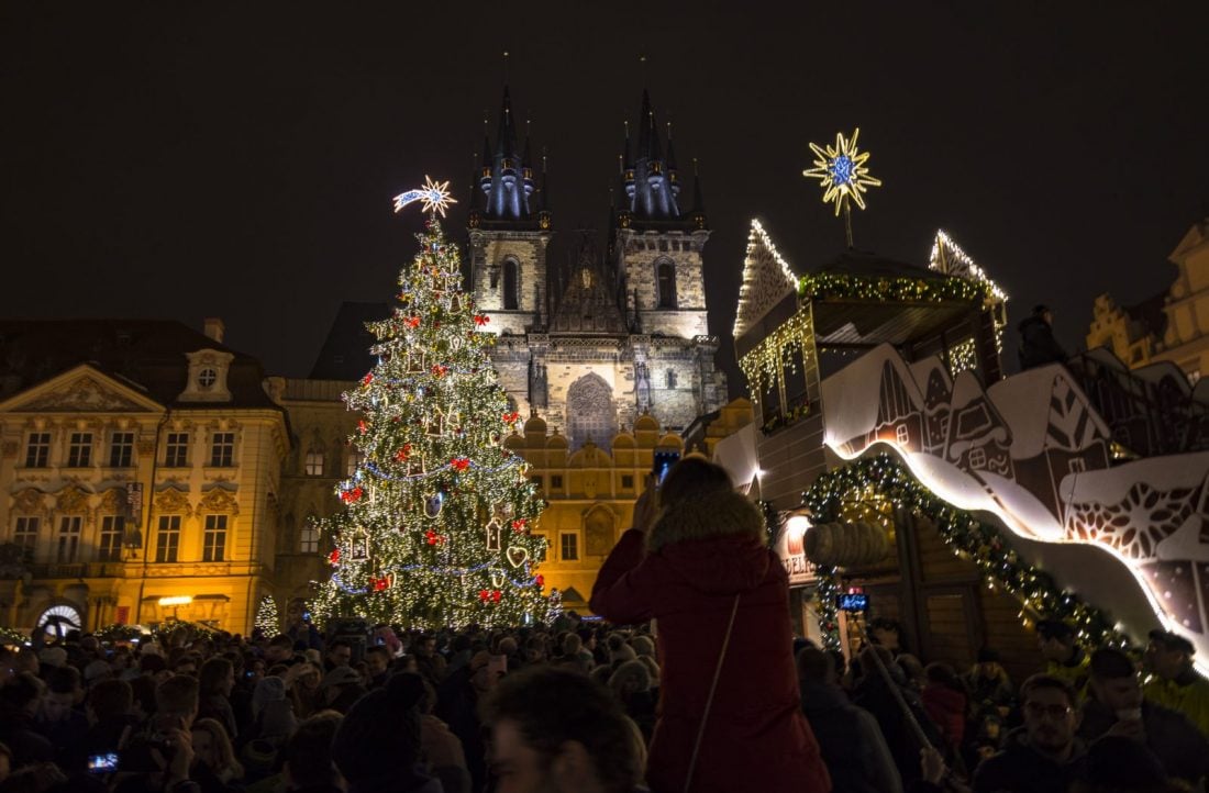 Prague's Old Town Square Christmas Market at night