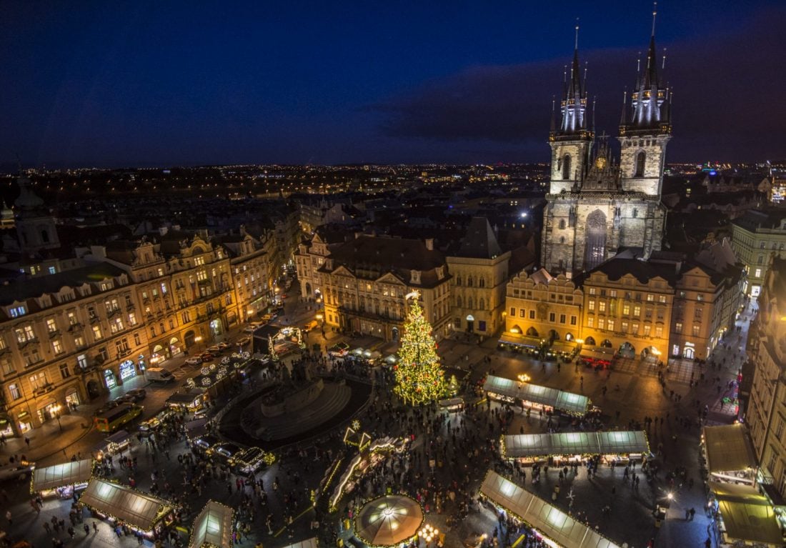 Prague's Old Town Square Christmas Market as seen from above.
