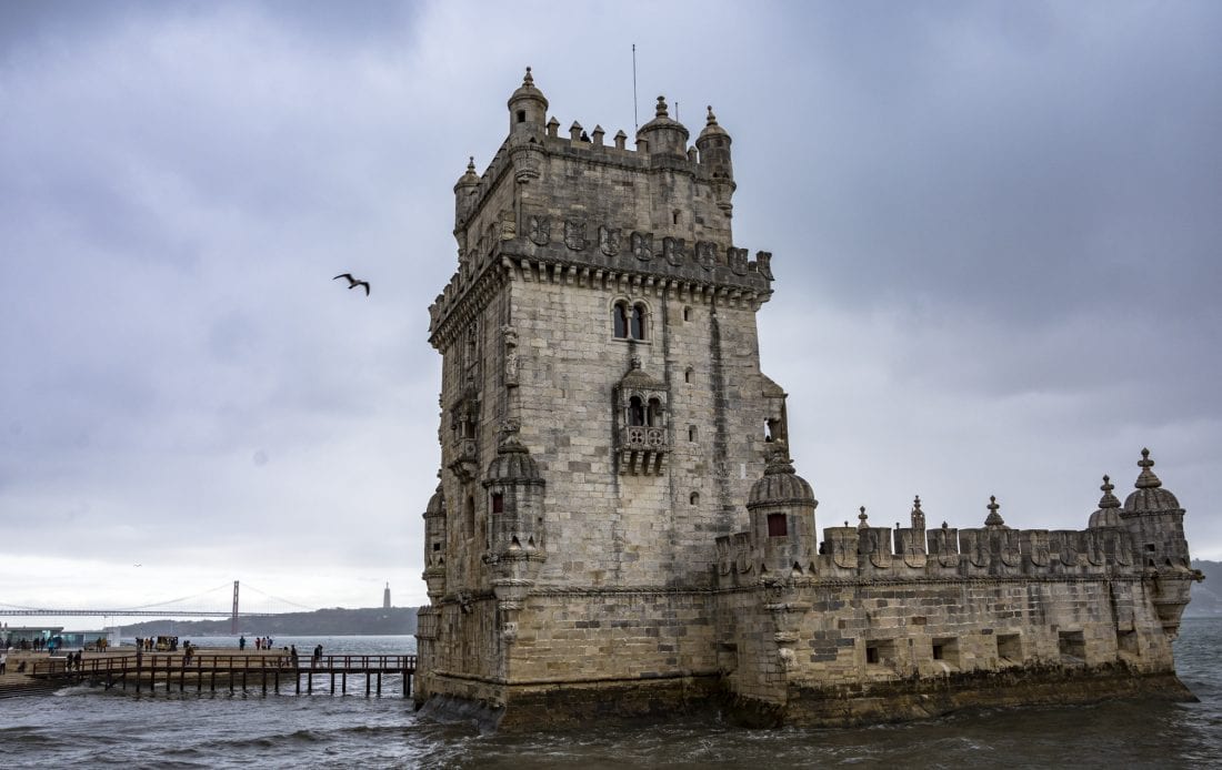 Belem Tower in Lisbon against a gray sky
