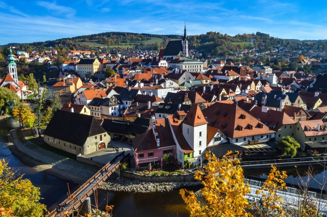 view of Cesky Krumlov's Old Town during a fall day