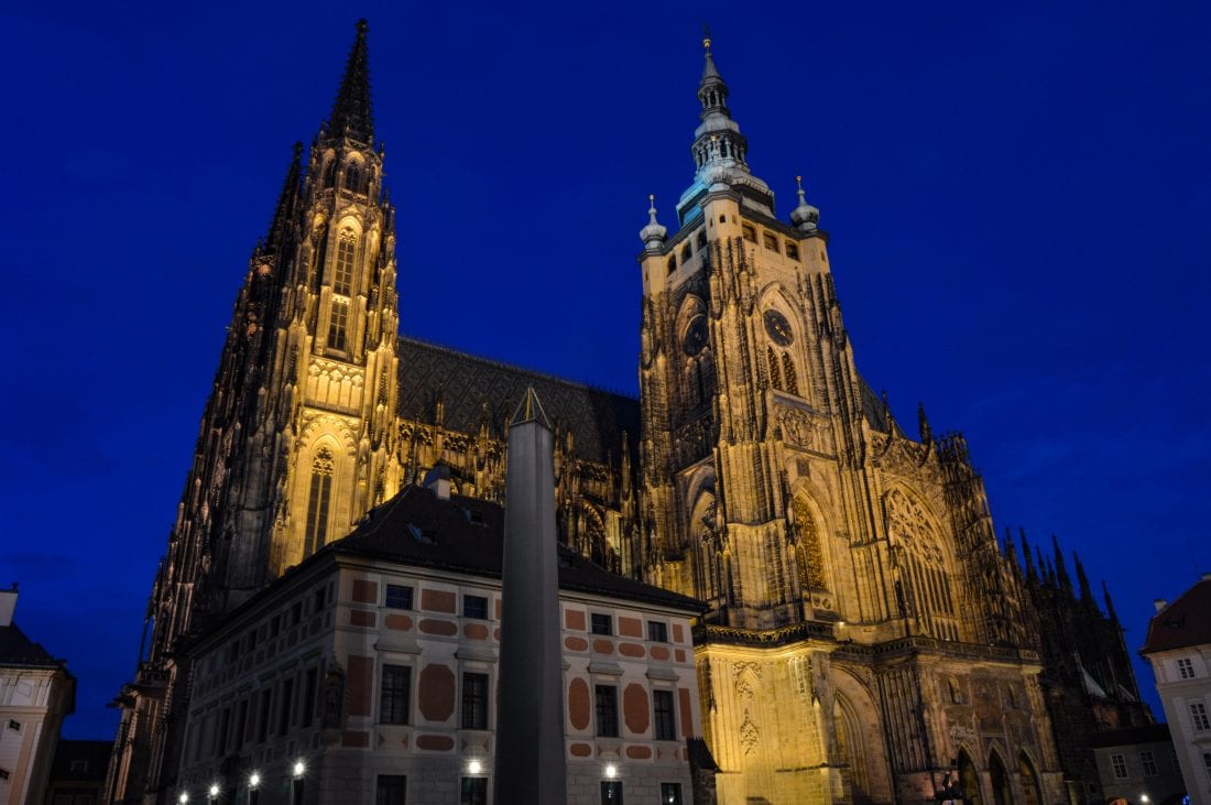 Photo of Prague Castle at night take from a low angle