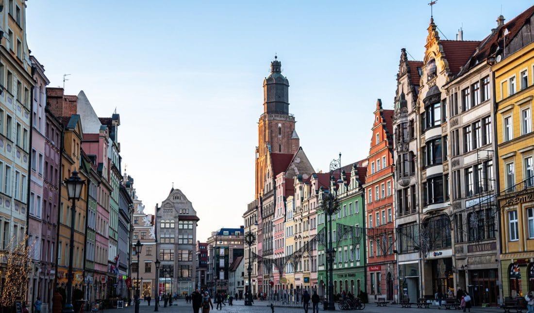 Rynek Square in Wroclaw with St. Elizabeth tower looming in the background