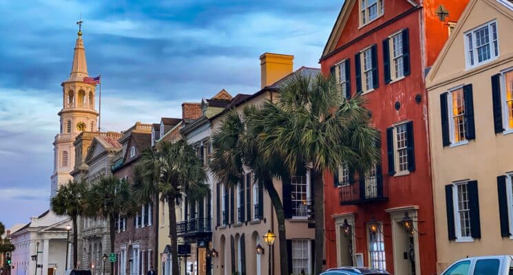 Rainbow Row houses on a street in Charleston, South Carolina