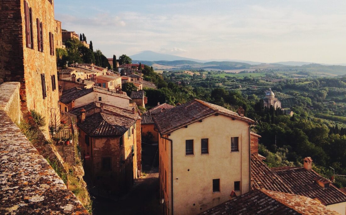 Cliff side houses and buildings in Montepulciano, Italy.