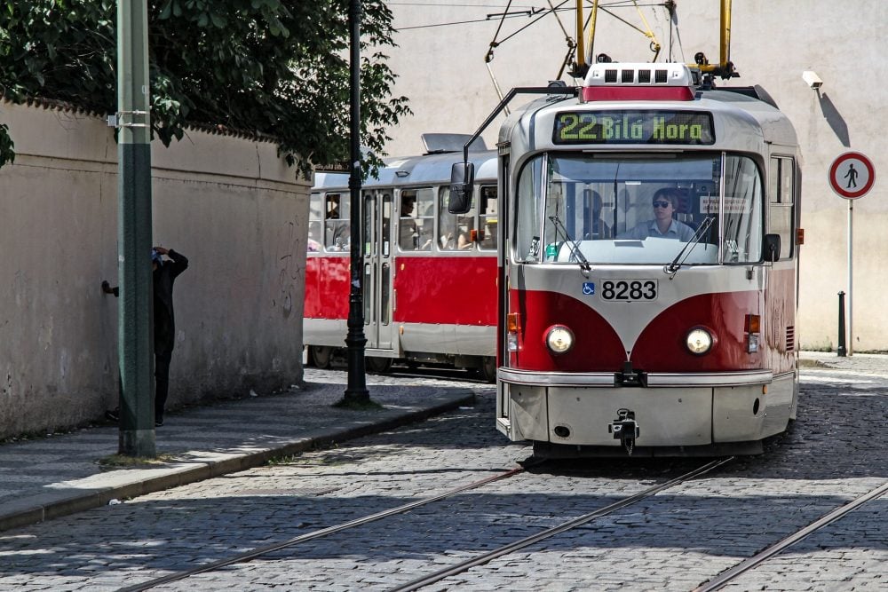 picture of a tram turning a corner in Prague - Tram Number 22