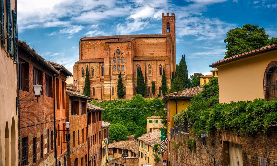 Buildings and a church in Siena, Italy.
