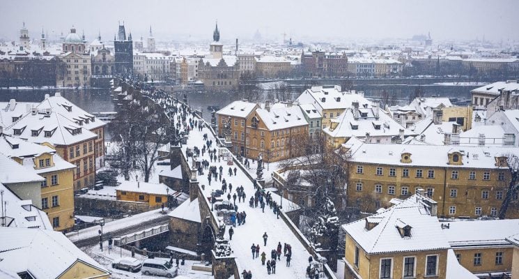 Snow on the Charles bridge in Prague