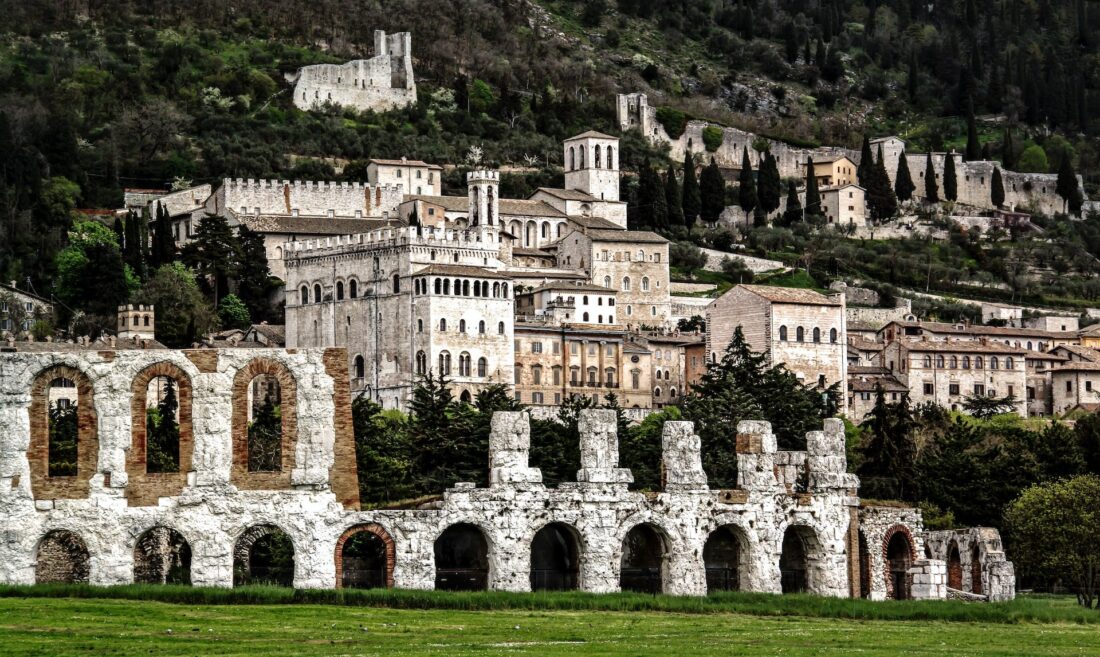 White buildings and houses in Gubbio, Italy. 