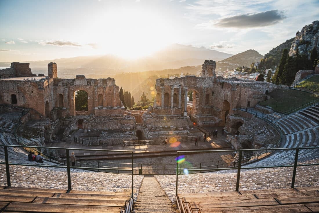 A sunset over Teatro Antico di Taormina in November