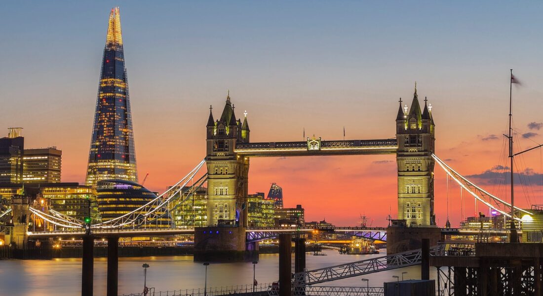 Tower Bridge and The Shard in London during sunset
