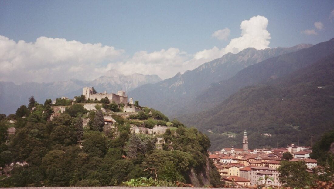 Retro styled film photo of Val Camonica castle in Italy.